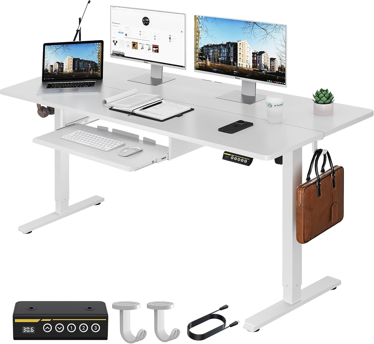 Electric Standing Desk with Keyboard Tray 48"x24" Adjustable Height Stand Up Desk with Lockable Wheels Ergonomic Sit Stand Desk for Home Office Work Computer Desk Workstation (White, 48"x24")
