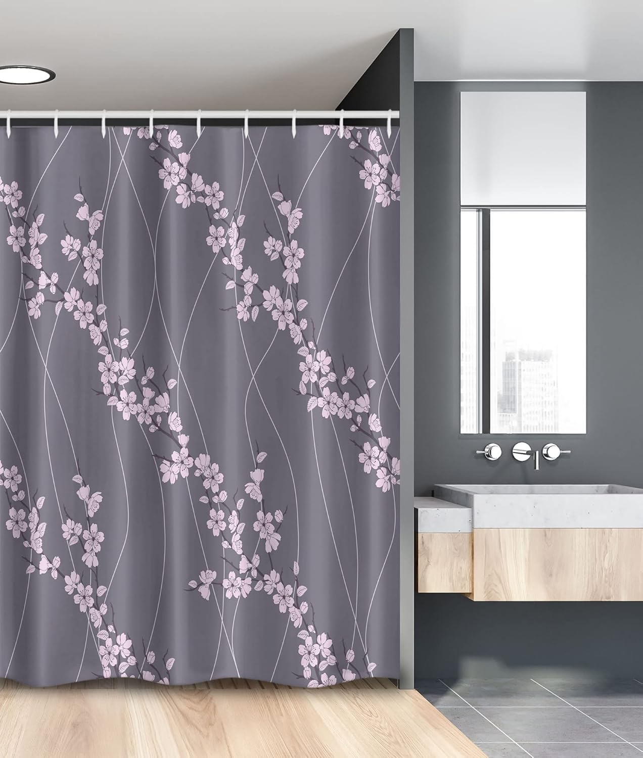 Ambesonne Floral Shower Curtain, Spring Japanese Sakura Branches Full Blossom Modern Oriental Composition, Cloth Fabric Bathroom Decor Set with Hooks, 69" W x 70" L, Pink