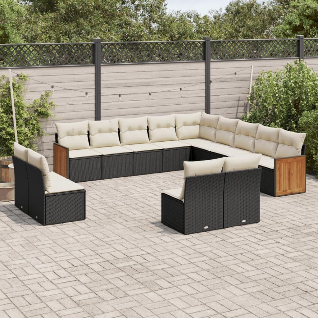 Set di divani da giardino da 13 pezzi, colore nero, con cuscino, in polyrattan, resistente alle intemperie, per terrazza, balcone, veranda, esterni, lounge con tavolo e poltrona, modulare