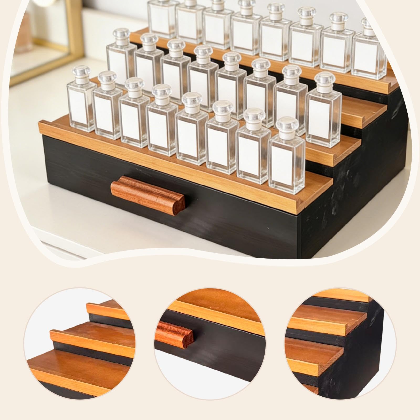 Perfume Soporte Organizador Cajonera Exhibidor Estante Perfume Madera Adecuado para Exhibición Accesorios Joyería Cosméticos Tocador Oficina Hogar, Negro Y Marrón, Individual