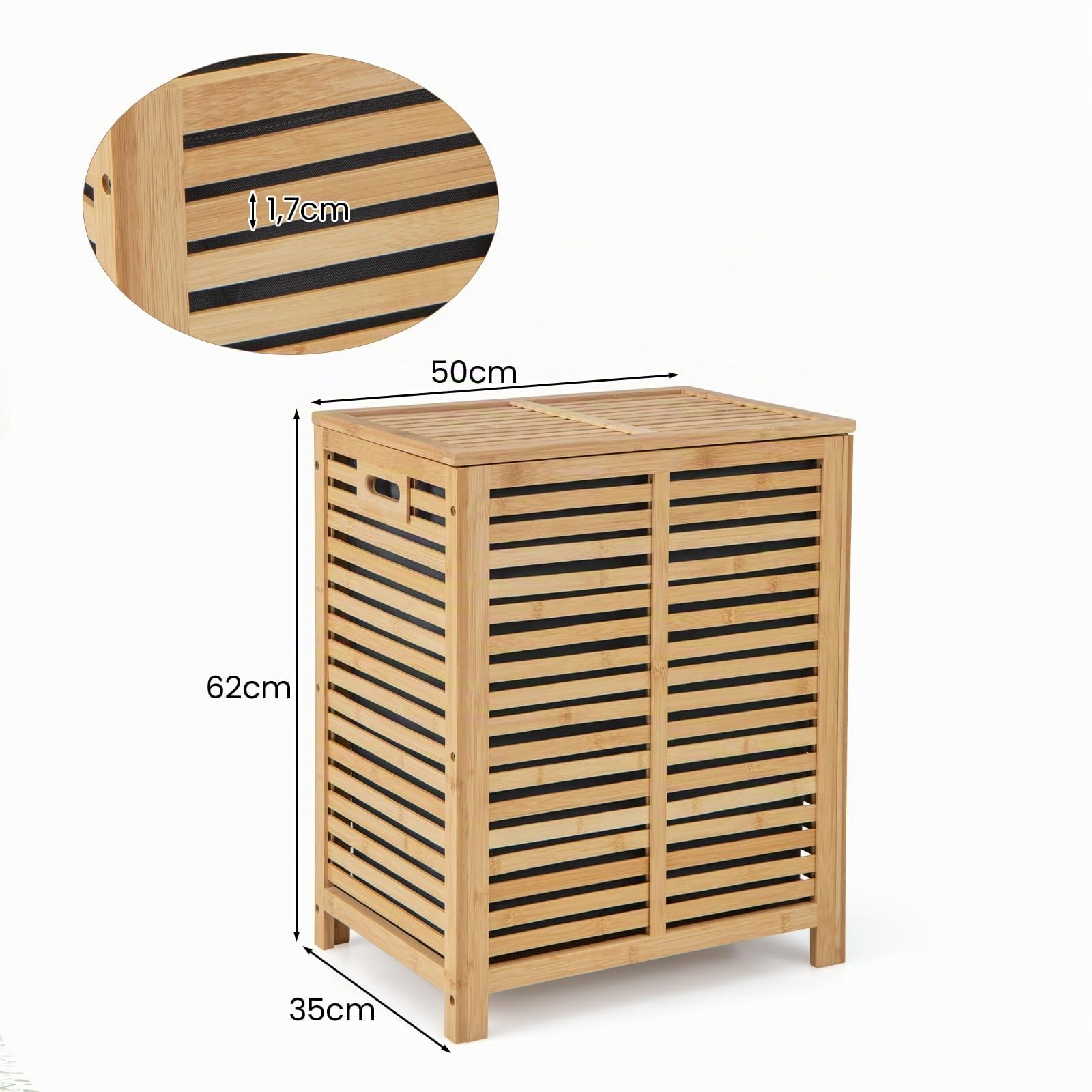 GYMAX Cesta Portabiancheria con Coperchio, 80 L Porta Biancheria in Bambù con Manici e Borsa Rimovibile, per Camera, Bagno, Dormitorio e Lavanderia, 50 x 35 x 62 cm
