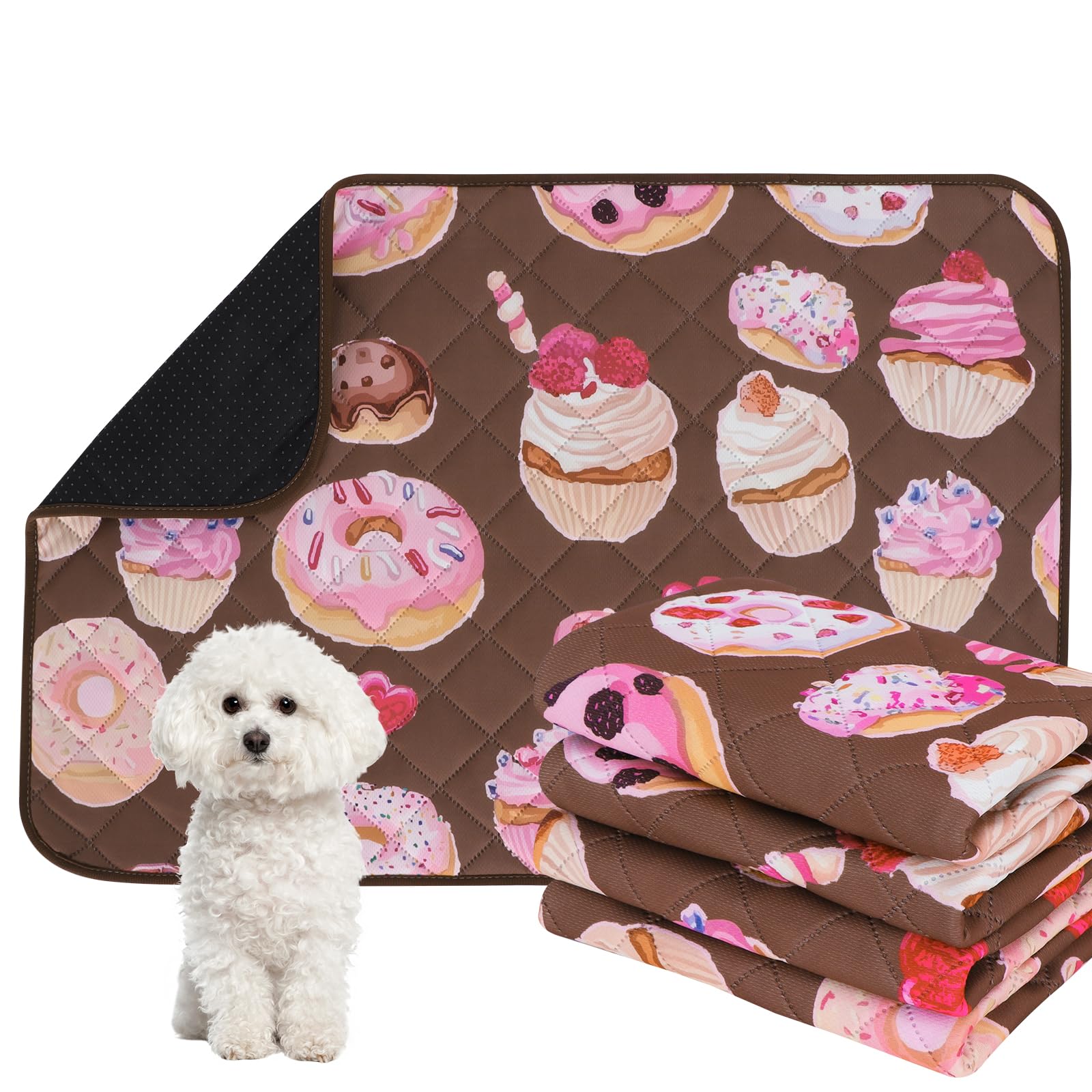 IEUUMLER Washable Pee Pads for Dogs, 2 Pack Cake Pattern Reusable Waterproof Puppy Potty Pads, Non-Slip Absorbent Pet Training Pads for Playpen Crate Bed EU015 Coffee Cake, 60x60cm