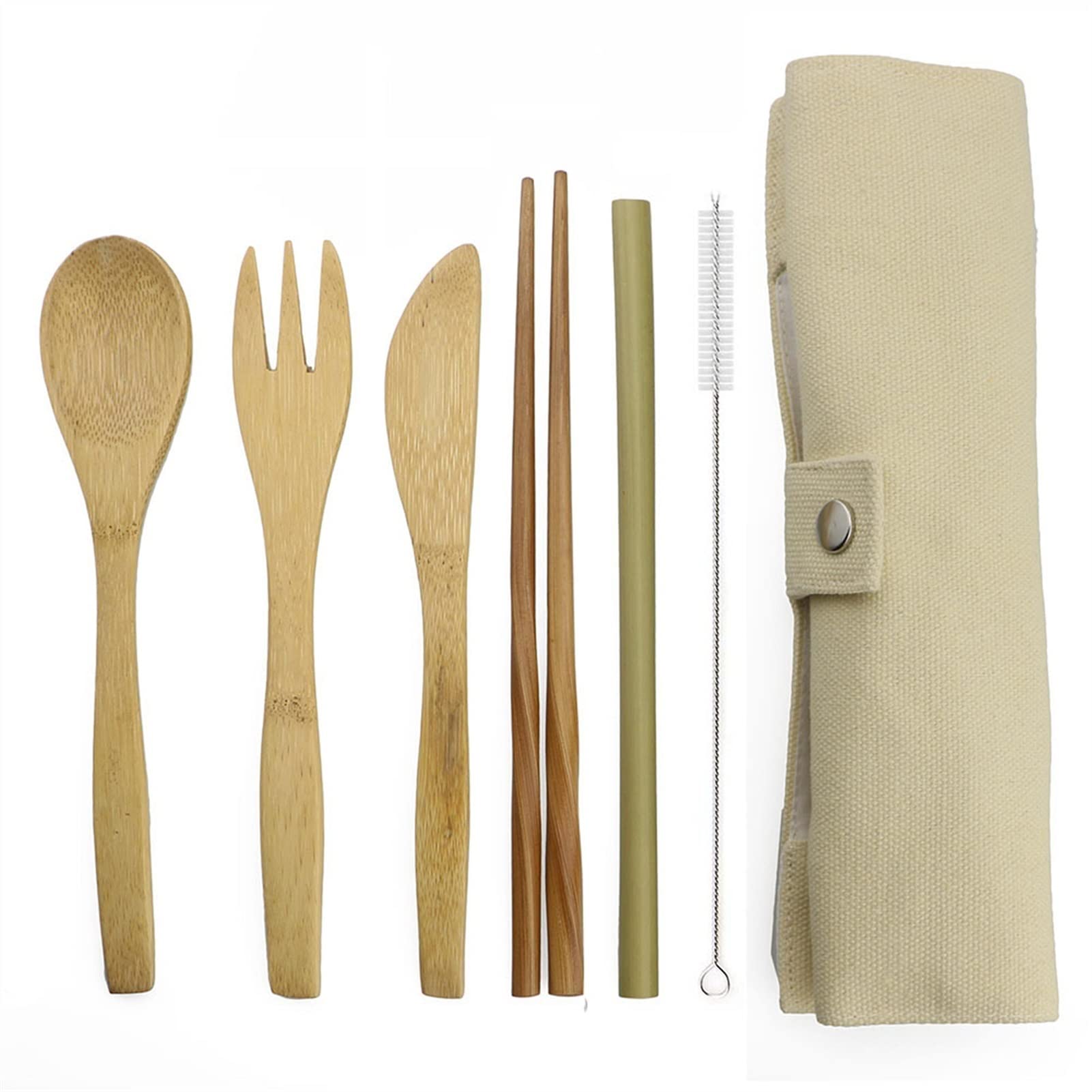Ensemble de Couverts en Bois de fête 7 pièces avec Couteau, Fourchette, cuillère, Sac en Tissu de Paille de Bambou pour hôtel, Bar, Maison, fête exceptionnelle