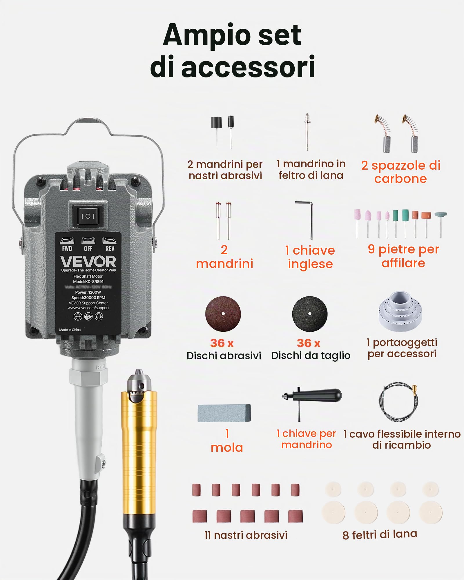VEVOR Smerigliatrice ad Albero Flessibile Utensile Rotante Elettrico da 1200 W Velocità 30000 giri/min, Lucidatrice Sospesa Elettrica Controllo a Pedale per Levigatura Taglio Metallo Legno Fai da te