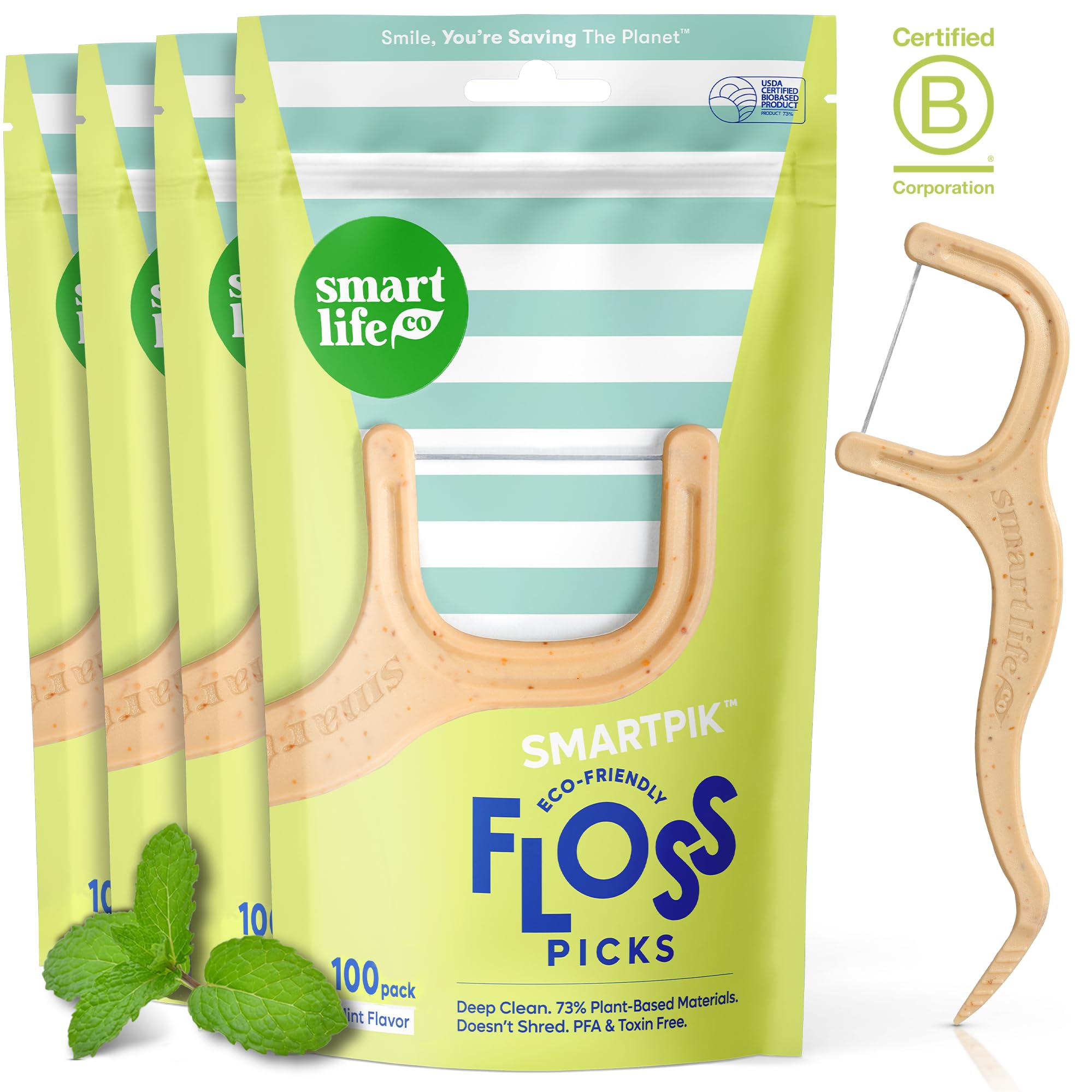 SmartLifeco Eco-Friendly Dental Floss Picks 400ct - Flossers Made with Straw Wheat Blend Superior Anti-Shred Thread for Tight