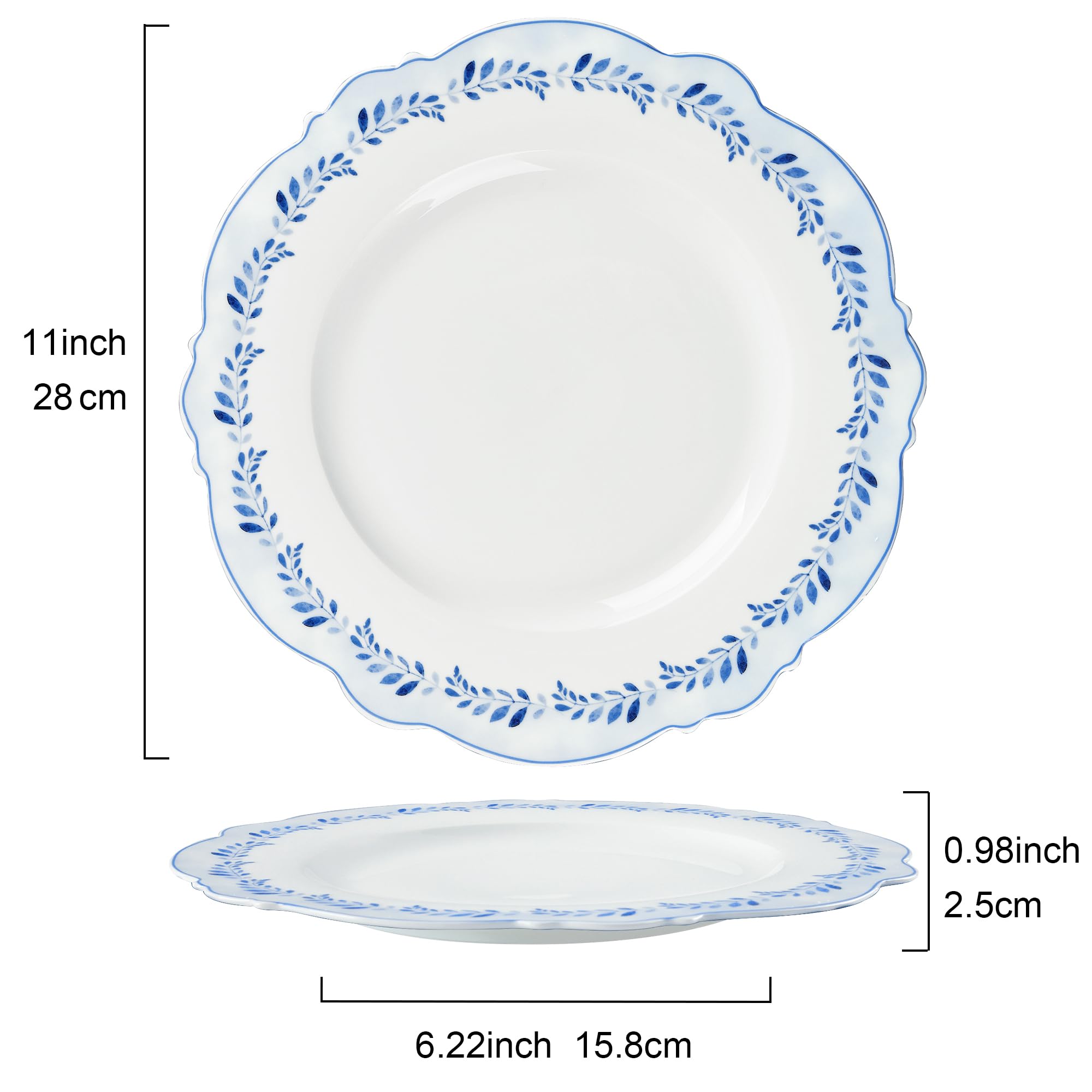 fanquare Lot de 4 Assiette Plate en Porcelaine, Motif Feuilles Bleues, Service de Assiettes Ø 27 cm Assiette Petit déjeuner Assiette Plate Service