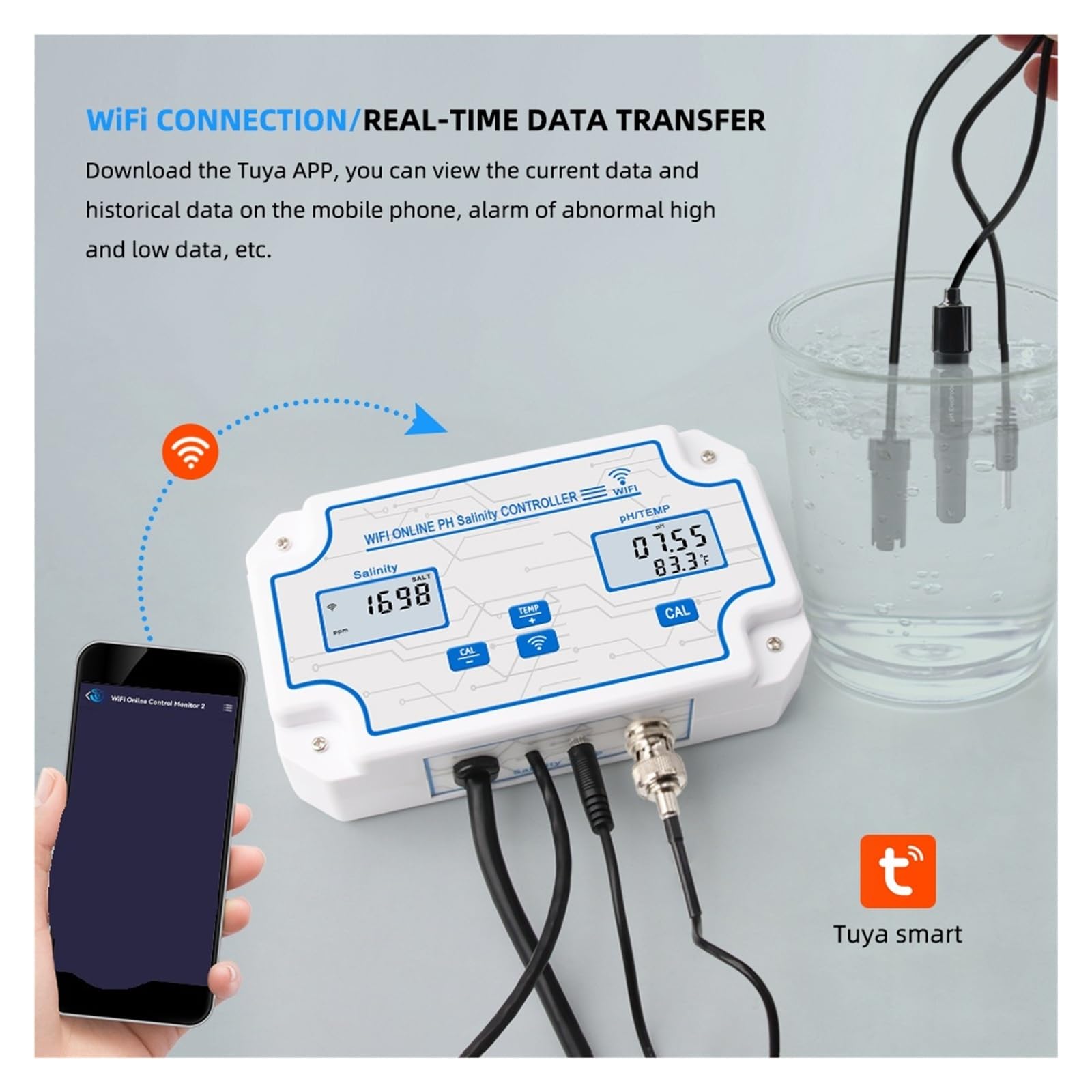 WiFi 3w1 Temp PH Kontroler miernika zasolenia Tester wody morskiej Inteligentny zdalny monitor Tuya online