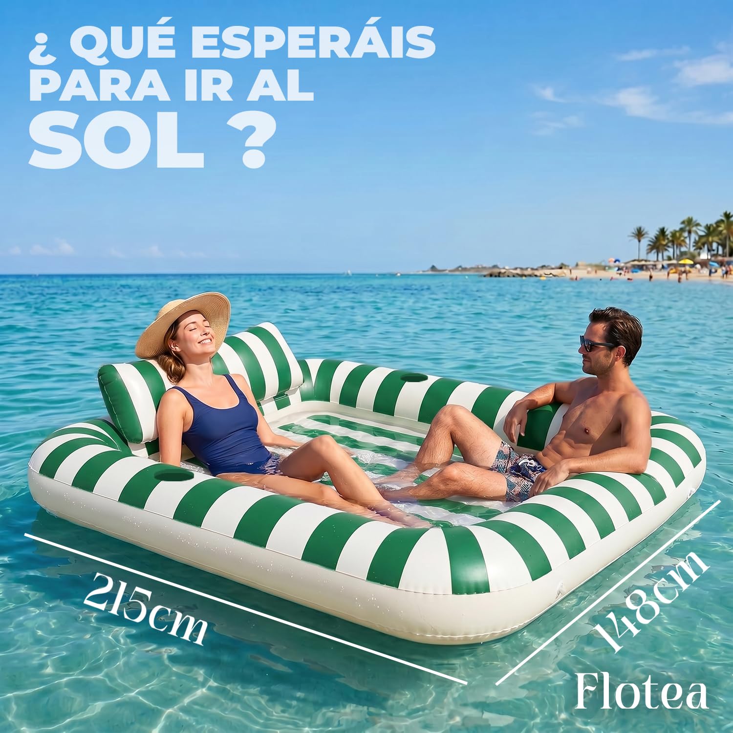 Flotea® Colchoneta Hinchable XXL para Adultos 2 Personas | Colchoneta Flotante con Cojines y Portavasos Integrados | PVC 215 x 148 cm | Piscina, Playa, Mar, Vacaciones | Original Corner