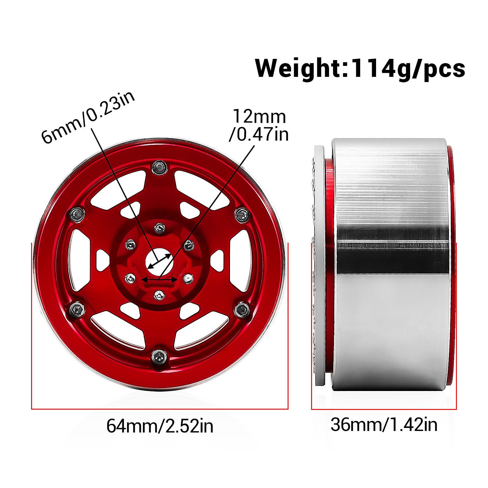 4 szt. 2,2 '' felga ze stopu aluminium piasta opon 64 x 36 mm RC części zamienne do 1/10 TRAXXAS TRX4 AXIAL SCX10 90046 YK4102 D90 MJX H8H Crawler RC Car (czerwony)