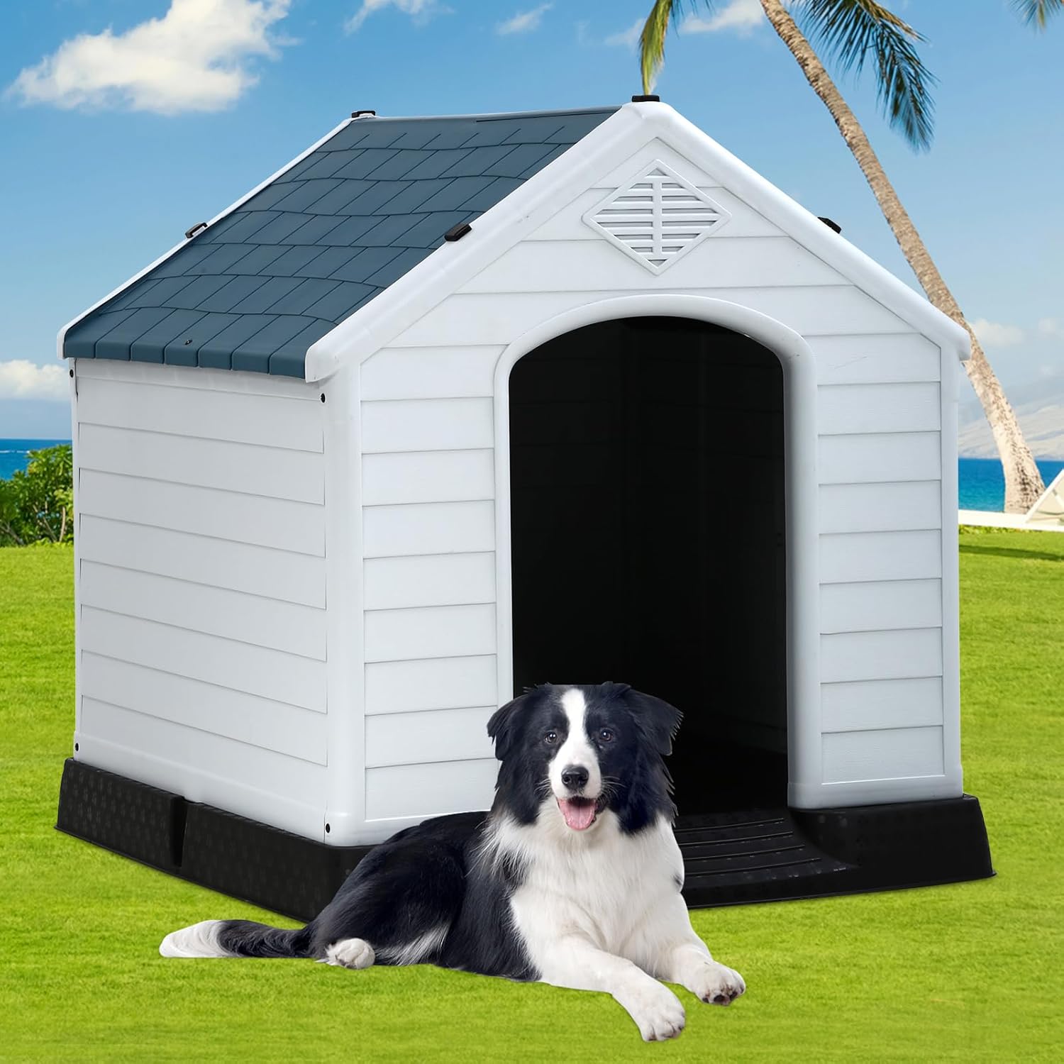 26 Inch High Winter Dog House, Outdoor Kennel With Air Vents and Elevated Floor for Ventilation, Weatherproof Plastic