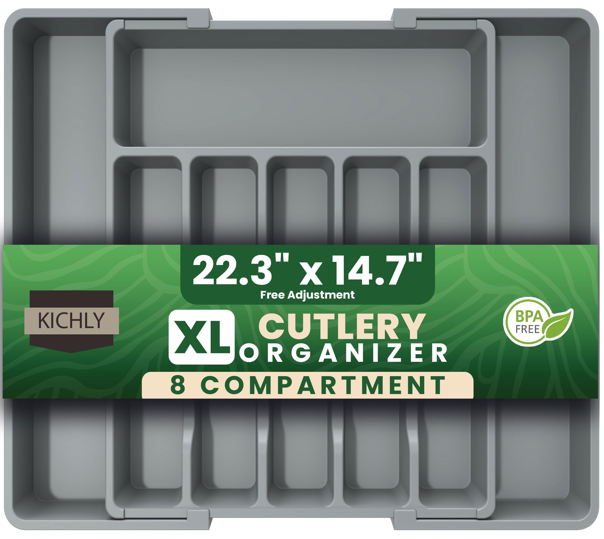 KICHLY Cutlery and Kitchen cutlery drawer organiser Expandable 8 Compartment for Kitchen, Multipurpose Large cutlery Tray and Spoon Holder, Adjustable Silverware Plastic Organizer, (Grey)