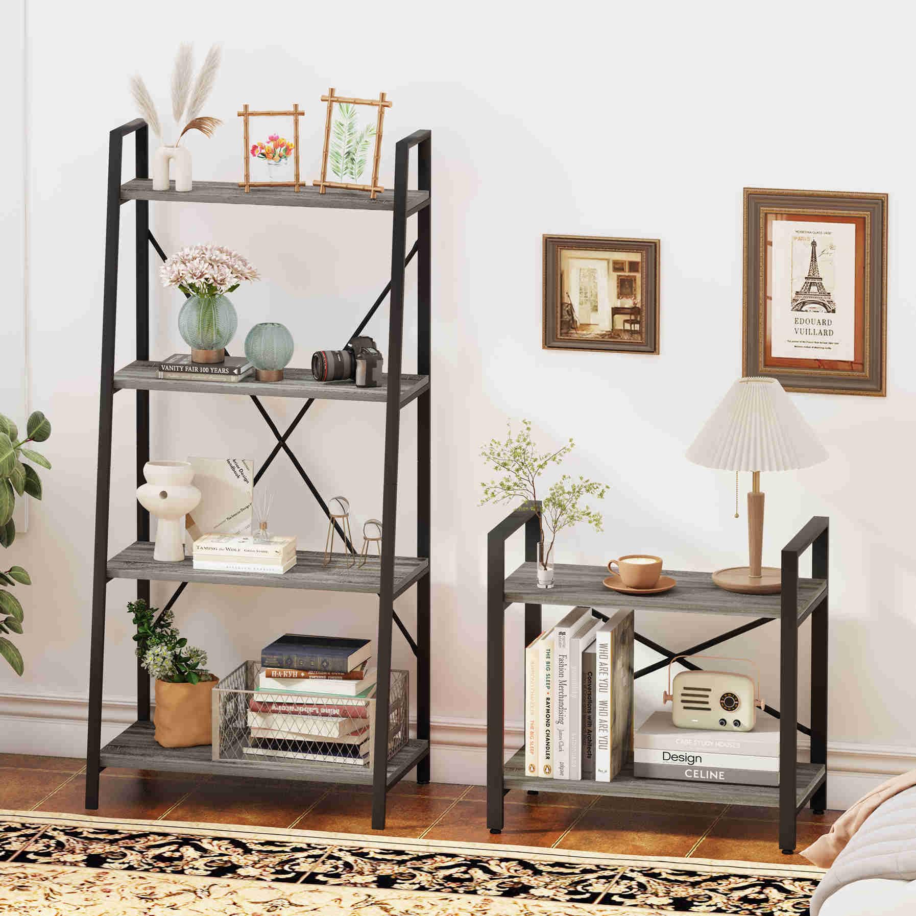 BON AUGURESmall Bookshelf for Small Space, 4-Tier Ladder Bookshelf, Wood and Metal Bookcase for Living Room, Bedroom and Office (Dark Gray Oak)