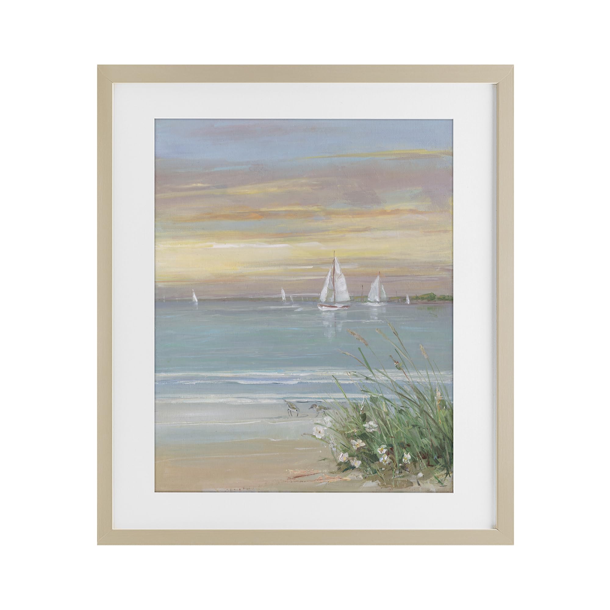 'Sailboats Beyond Sandy Shore'| Framed Print Under Glass