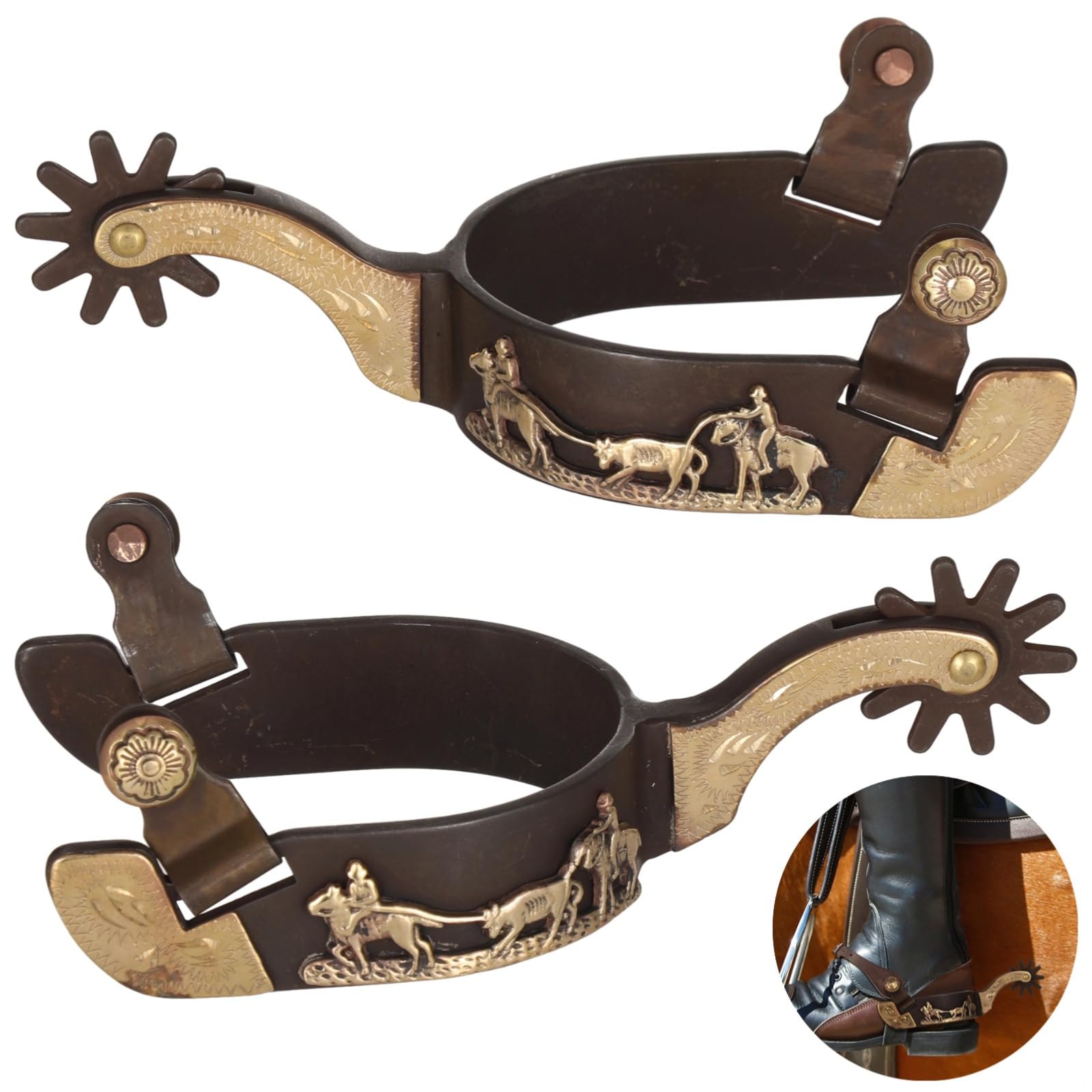 Speroni da cowboy con ingranaggio girevole, 2 speroni occidentali, con finiture incise, ideali per abbigliamento occidentale, speroni in acciaio a basso tenore di carbonio, design in rame antico e