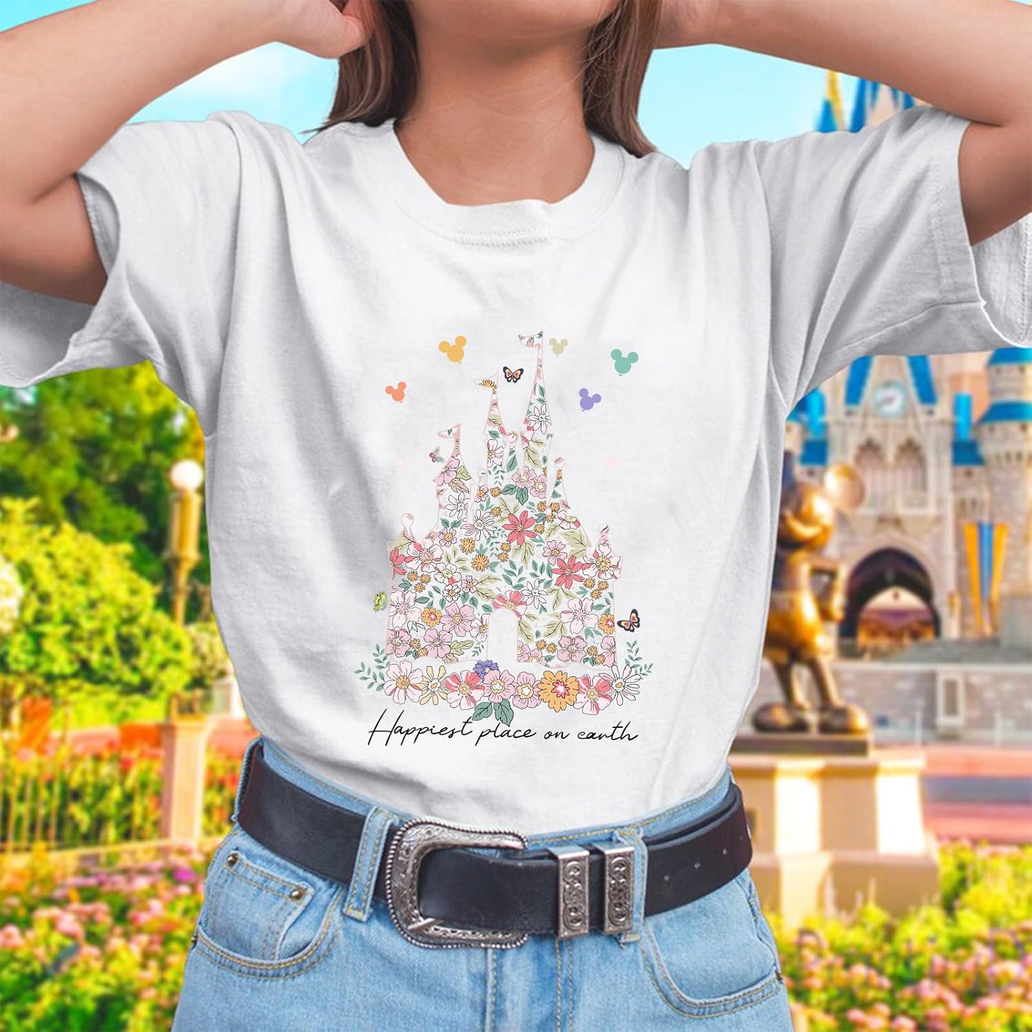 Bobeutou Magic Kingdom Shirts for Women Floral Castle Graphic T Shirt Flower Holiday Vacation Shirt Funny Cute Tee Tops - Image 4
