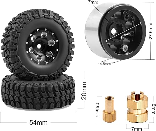 Miniatura 2 de Ruedas y neumáticos RC Crawler 1.0 y cubos de rueda hexagonales de latón para cerrojo axial SCX24 Brocon C10 Gladiator 124 RC Crawler 4WD