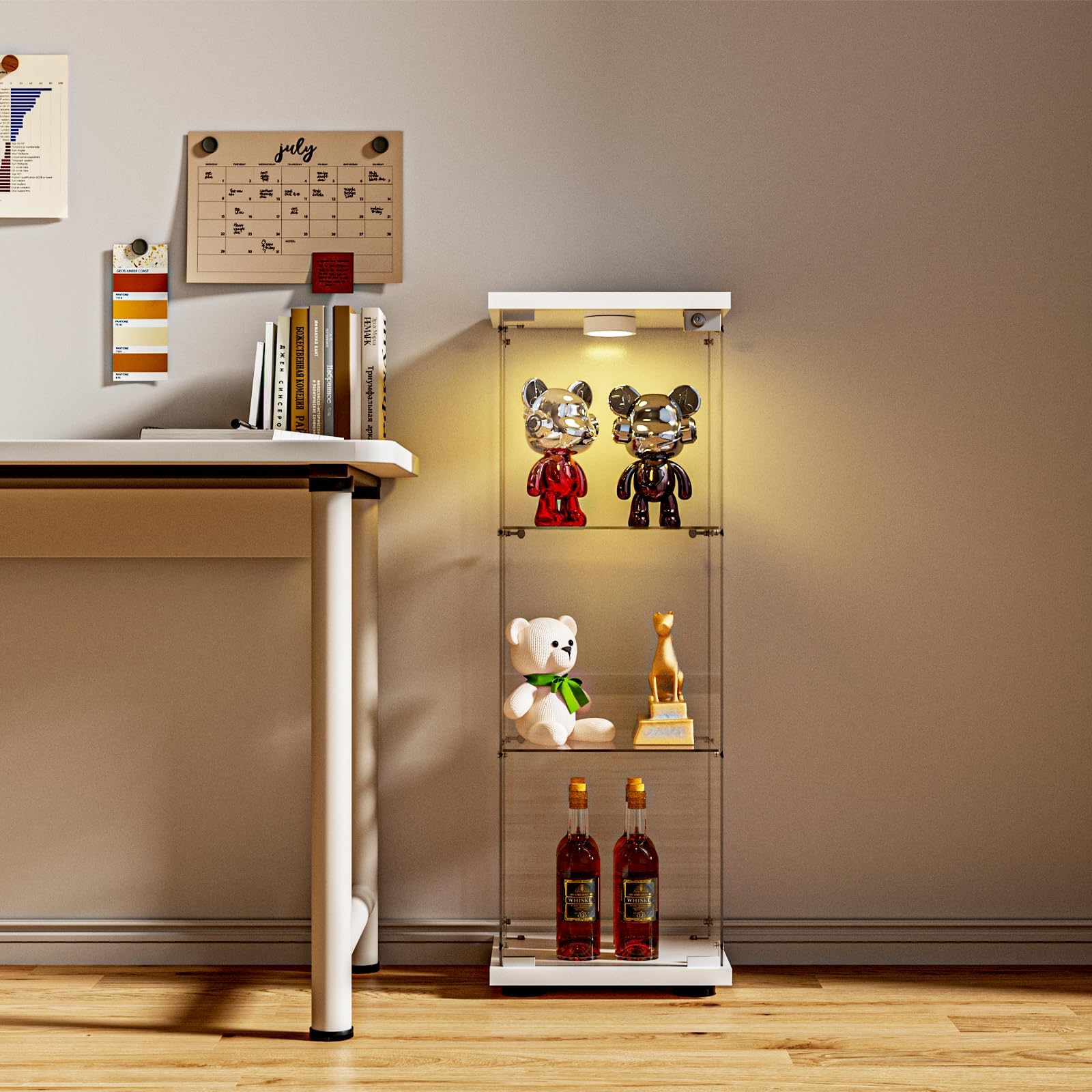 FANYUSHOW 3-Shelf Glass Display Cabinet with LED Light, Upgraded Quick-Install Style Curio Cabinets 5mm Tempered Glass Bookshelf for Bedroom, Living Room 49.1”x 16.7”x 14.3” White