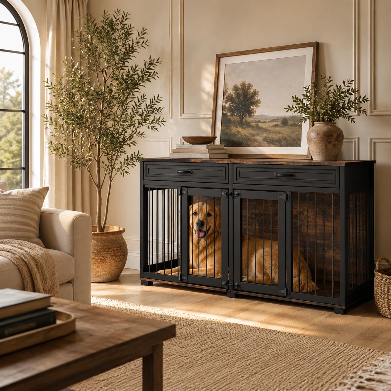 Hundekäfig Schrank XXL, Hundekäfig mit 2 Schubladen und 2 Türen, Hundebox für Zuhause Große/Mittlere Hunde,Beistelltisch, Hundehütte Indoor, Hundehaus für Zuhause, Schwarz, 164 x 60 x 80 cm, Eisen