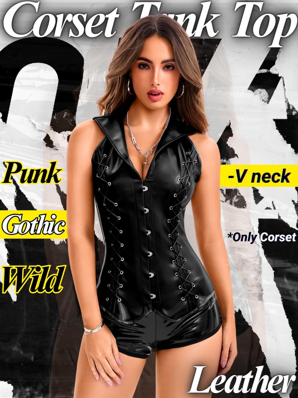 Women's Halter Faux Leather Corset Vest, Lapel Sleeveless Long Punk Tops, Rave Club Concert Outfits Fits 00-16 - Image 4