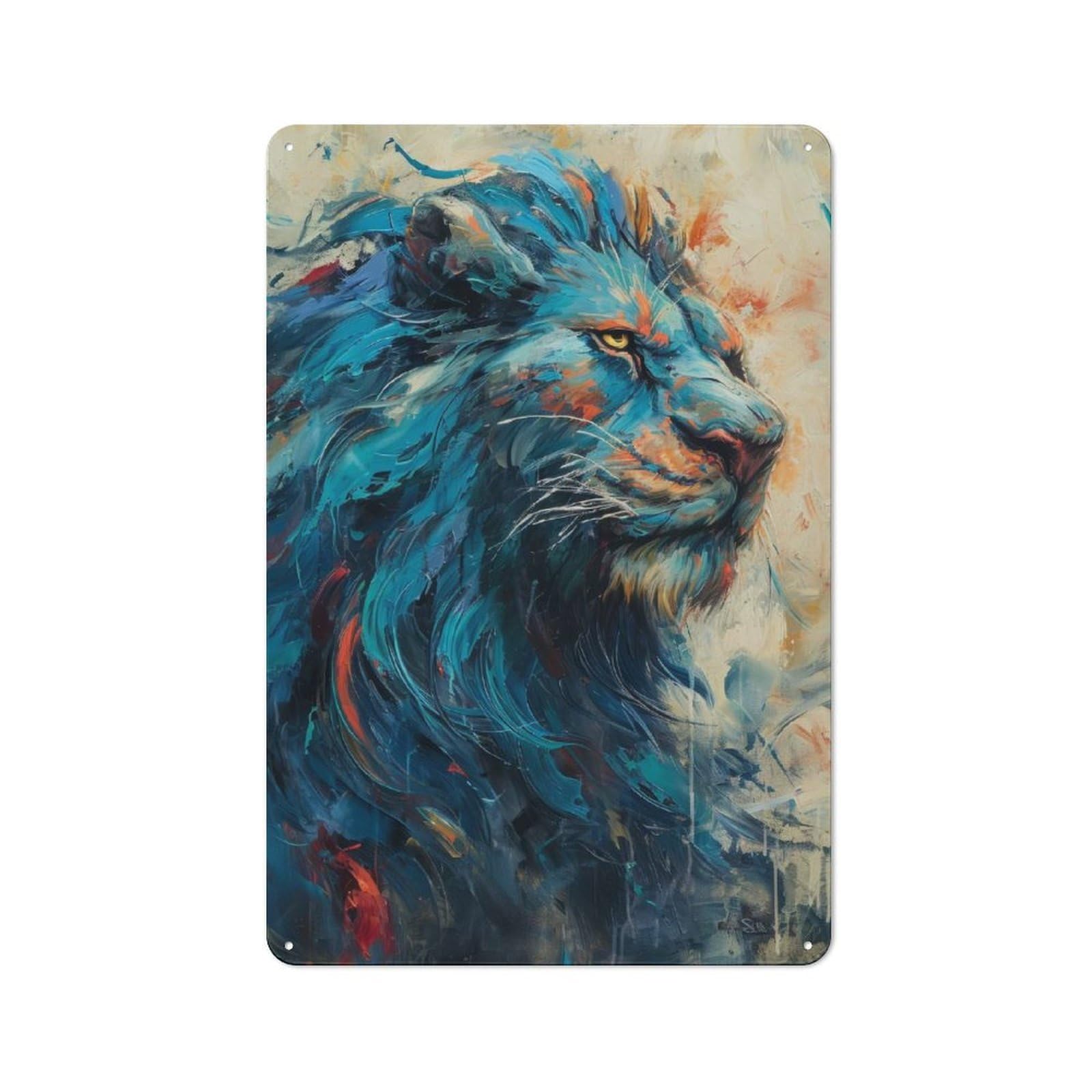Junmoney Style-7 Blue Lion Abstract Painting Barn Style Metal Wall Decor 30X20cm, Country Metal Sign For Kitchen, Cottage, Porch Or Garden Room