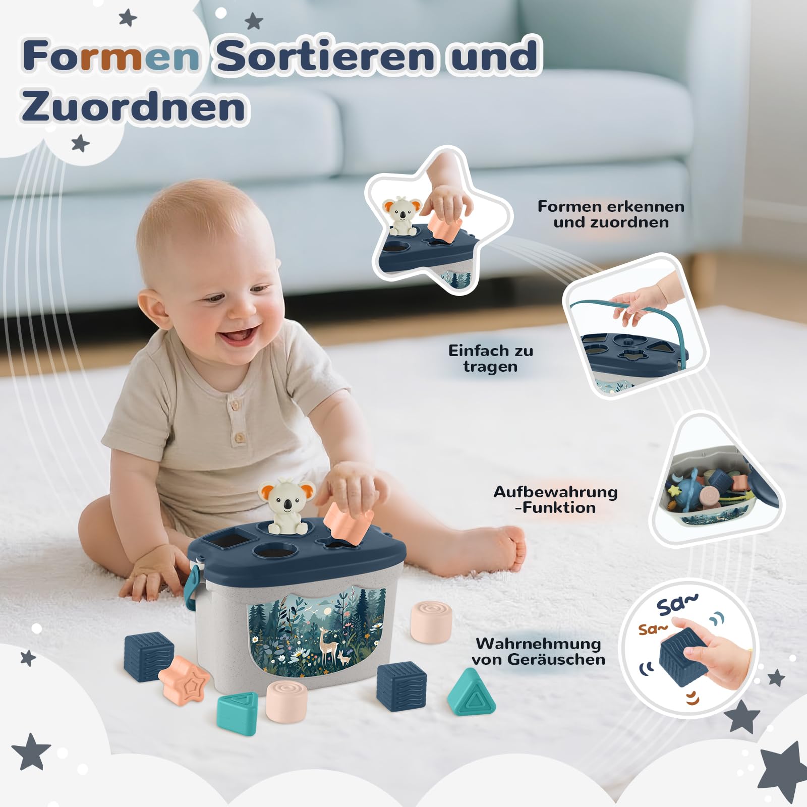 Baby Spielzeug ab 6 Monate,5 in 1 Montessori Spielzeug Baby,Motorikspielzeug mit Formensortier- und Stapelspielzeug,Xylophon,Silikon Zugschnur Spielzeug,Stapelbecher,Geschenk Junge Mädchen