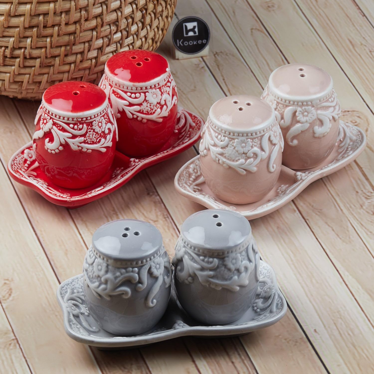 Kookee Ceramic Salt and Pepper Shaker Set with Tray | Grey White (8567) — Amazon image 4
