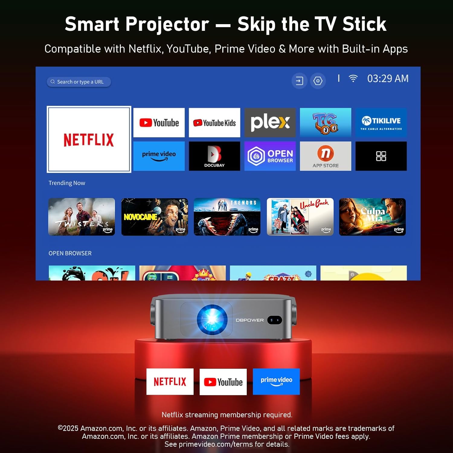 DBPOWER N5 Projector home screen displaying various built-in streaming apps like Netflix, YouTube, and Prime Video.