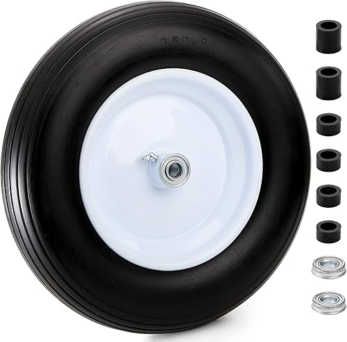 Bekith 14.5" Flat Free Wheelbarrow Tire, Solid Polyurethane Airless Tires 4.804.00-8 58 Ball Bearing 3" Centered hub for Hand Truck, Tool Cart,