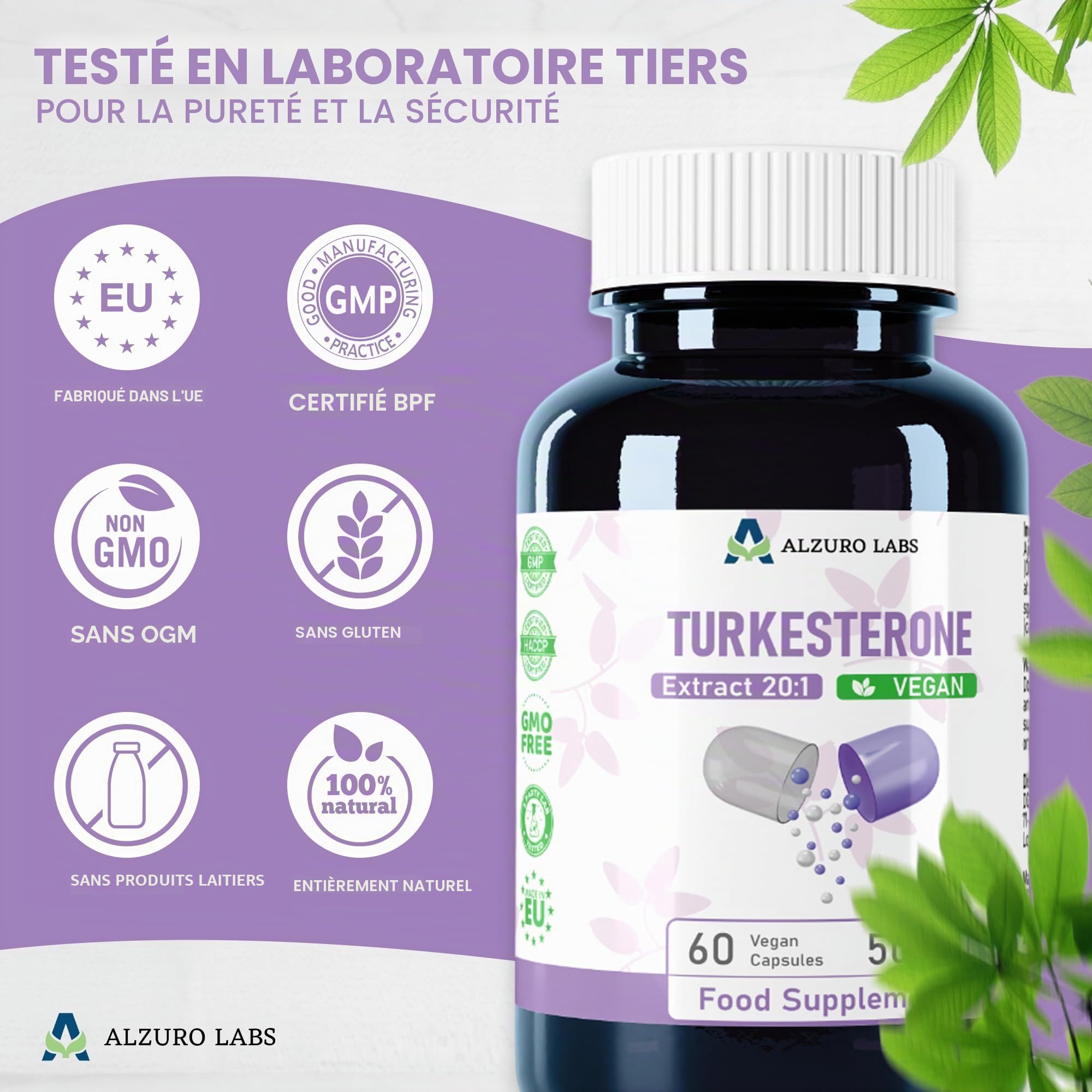 Turkesterone | 5,000mg Equivalent | 50mg Turkesterone per Capsule (10% Standardised) | 500mg 10:1 Ajuga Turkestanica Extract | 60 Vegan Capsules | GMP & Testé en Laboratoire Indépendant