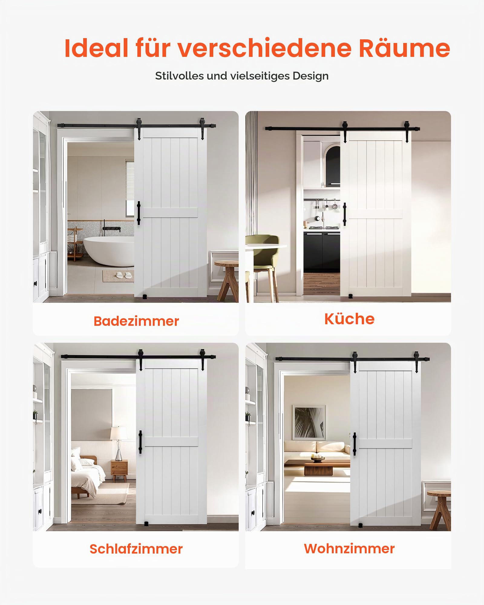 VEVOR Schiebetür im Scheunenstil Schiebetürsystem (914 x 2134 mm) aus hochfesten MDF-Platten, Scheunentor mit Hardware-Kit & wasserfester PVC-Oberfläche & H-Rahmen für Wohnzimmer Badezimmer Weiß