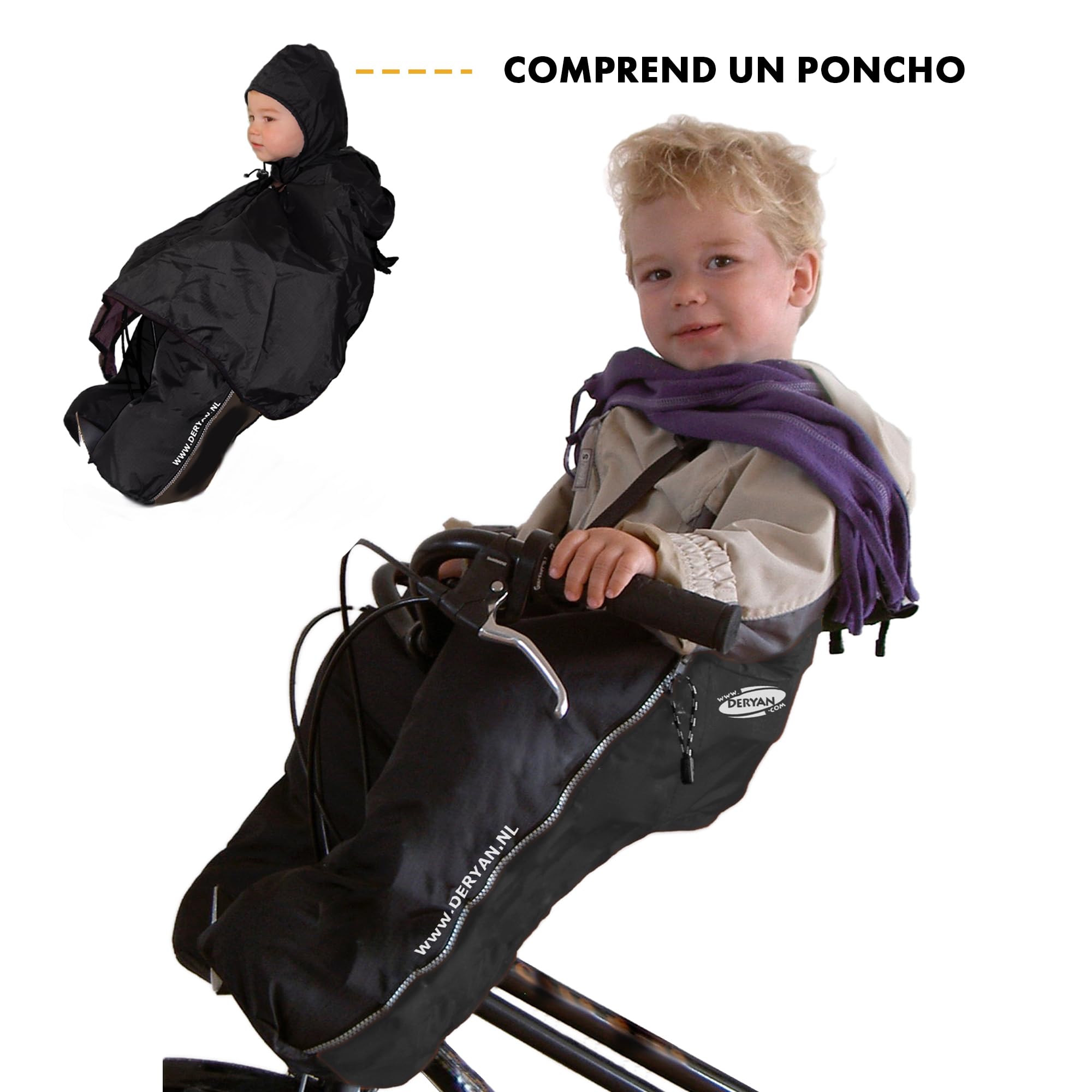 DERYAN Bike-A-Way - Chancelière unique, belle et chaude - Facile à utiliser - Avec poncho - Protège votre enfant du froid, de la pluie et de la neige - Idéal par temps changeant