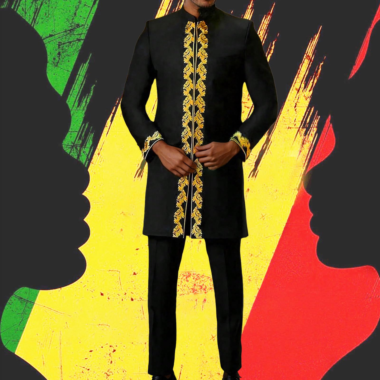 Generisch Traje étnico para hombre bordado de manga larga pantalones de estilo casual de juneteenth tradicional conjunto de dos piezas para el tiempo libre versátil portátil elegante