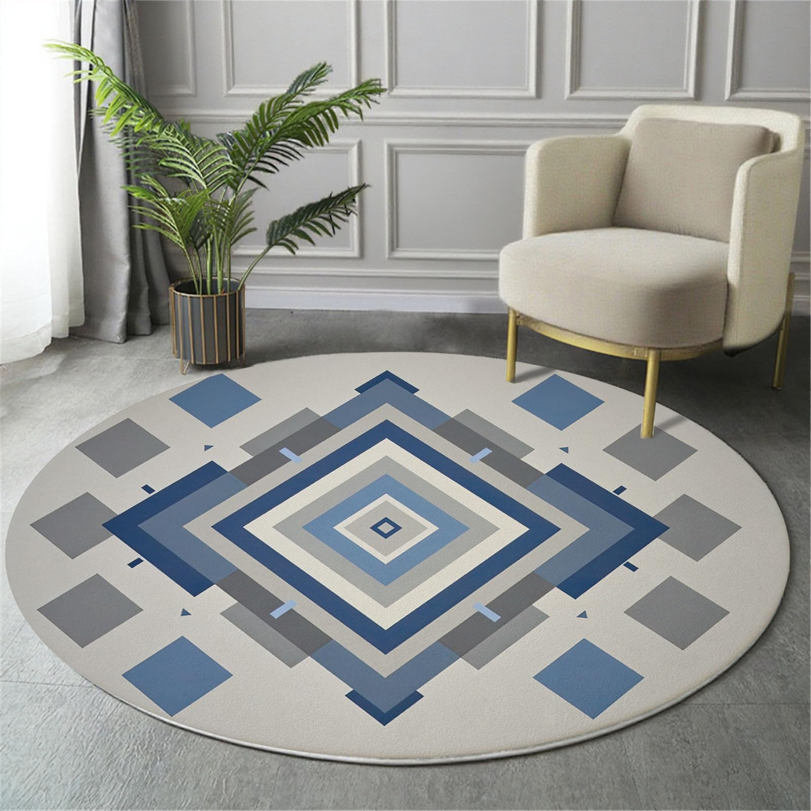 Tapis rond 80cm lavable et antidérapant à motif géométrique moderne