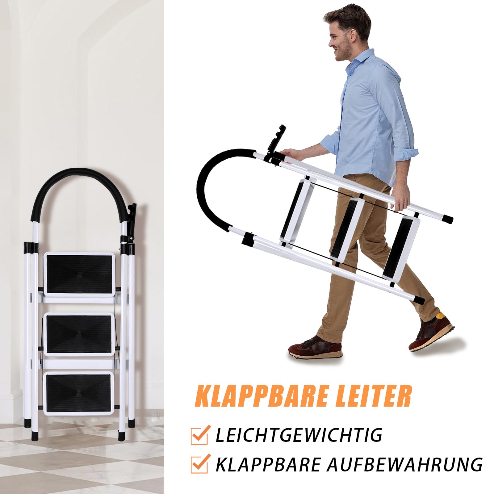 Escabeau Pliant 3/4/5 Marches, échelle Pliable Portable, Structure en Acier avec Pieds Antidérapants, Capacité de Charge Maximale 180kg, 104 x 57 x 41,5 cm – 3 étapes (Blanc)