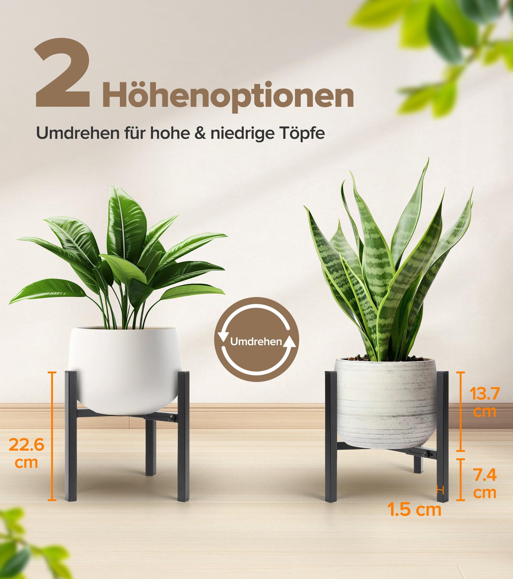 Pflanzenständer 2er Set, verstellbarer Blumenständer, moderner Metall Blumenhocker und stabiler Pflanzenhocker, robust für Innen & Außenbereich, passend für 20–30 cm Blumentöpfe, Schwarz