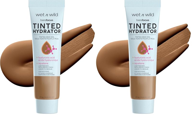 wet n wild Bare Focus Hidratante com Cor, Acabamento Matte, Deep, Oil-Free, Ácido Hialurônico, Cobertura Leve a Média, Pacote com 2