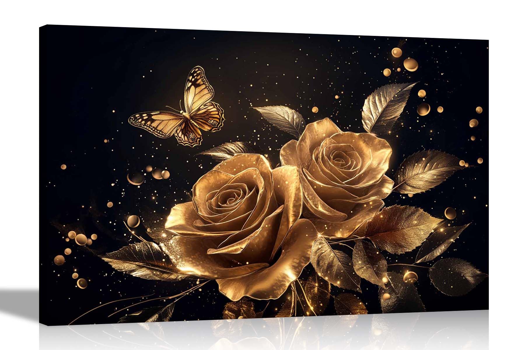 Artley Prints - Abstract golden roses and butterflies Canvas Pictures for Wall in Living Room, Bedroom, Hallway, Kitchen Abstract 101 x 76cm (40 x 30 inches)