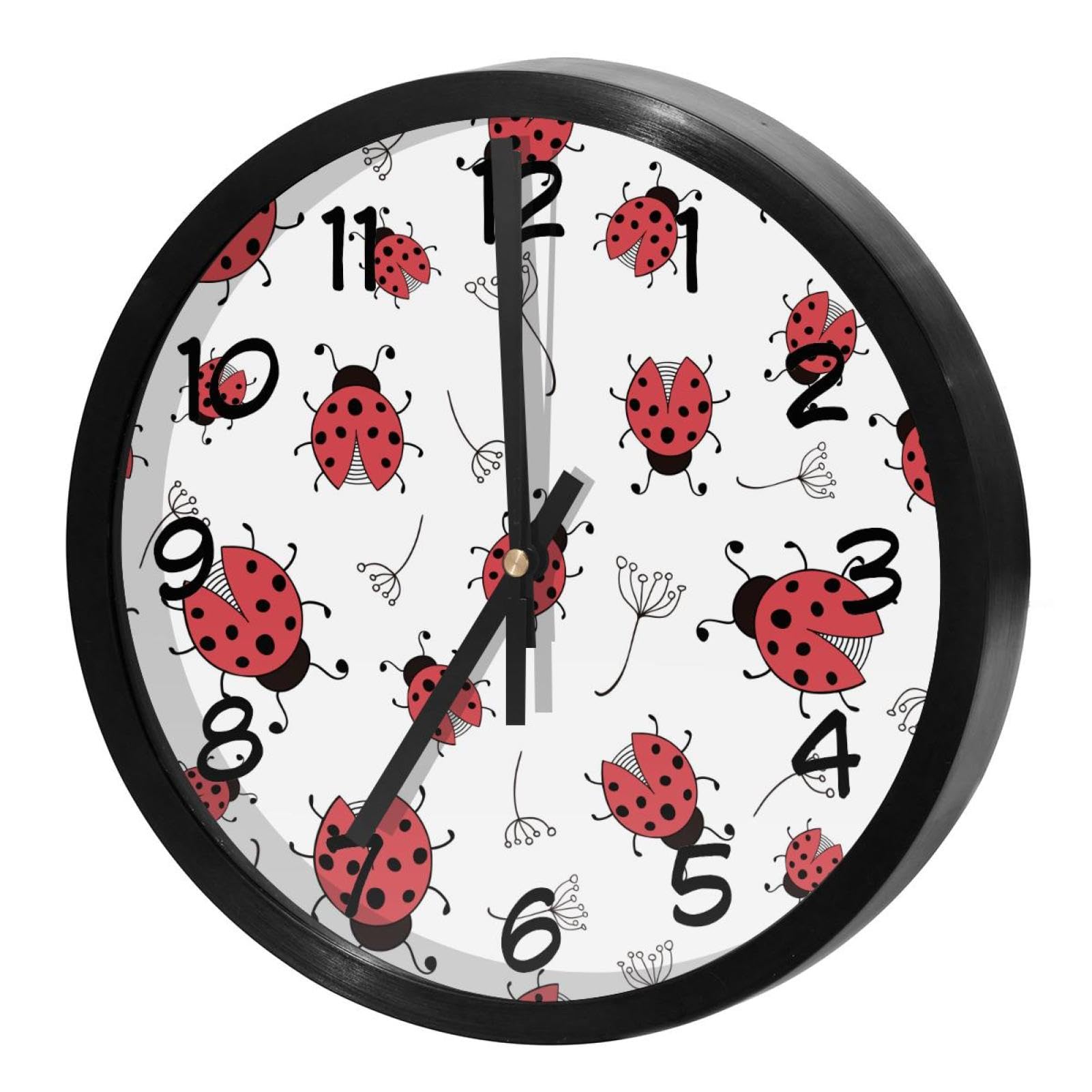 Horloge murale silencieuse à piles pour école et bureau, modèle coccinelles fond blanc