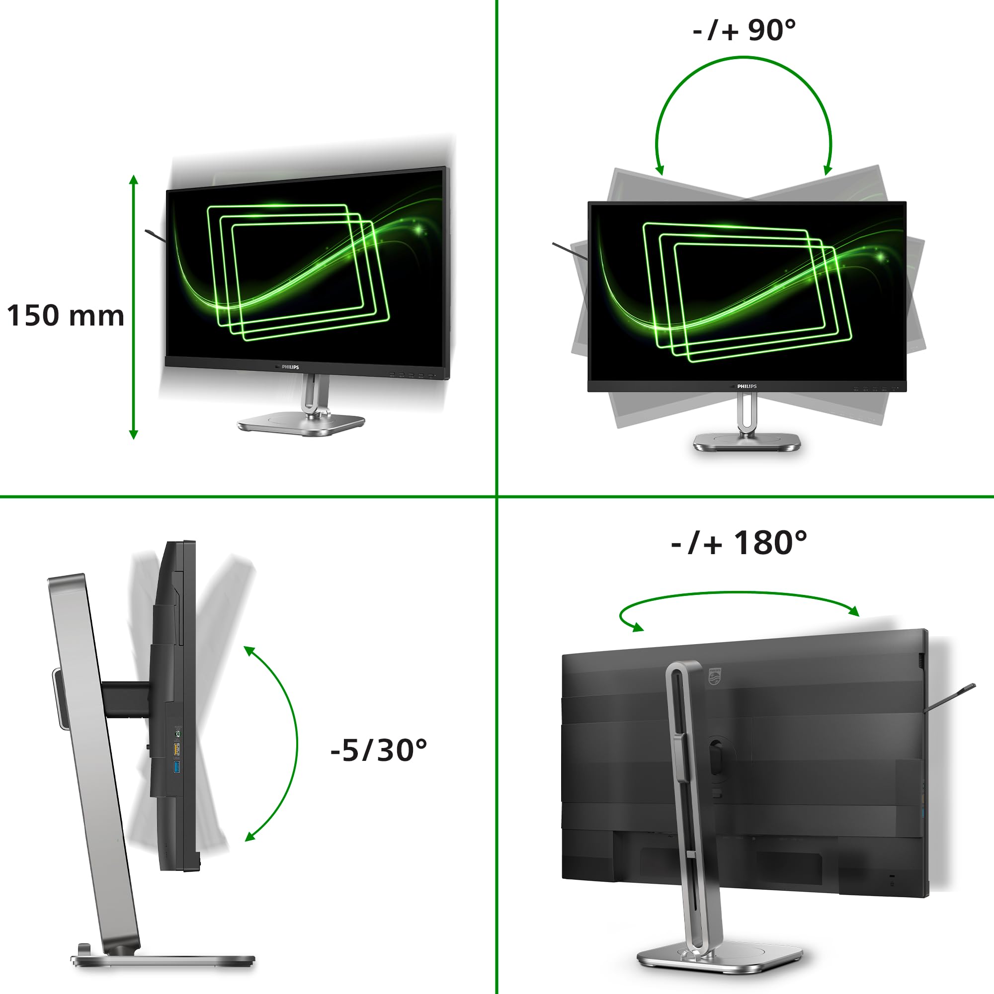 PHILIPS 27B2G5200 - Moniteur Full HD 27 Pouces, réglable en Hauteur, Haut-parleurs, Adaptive Sync (2560x1440, 75 Hz, 2X HDMI 1.4, 1x DisplayPort 1.2, Hub USB) foncé/Gris