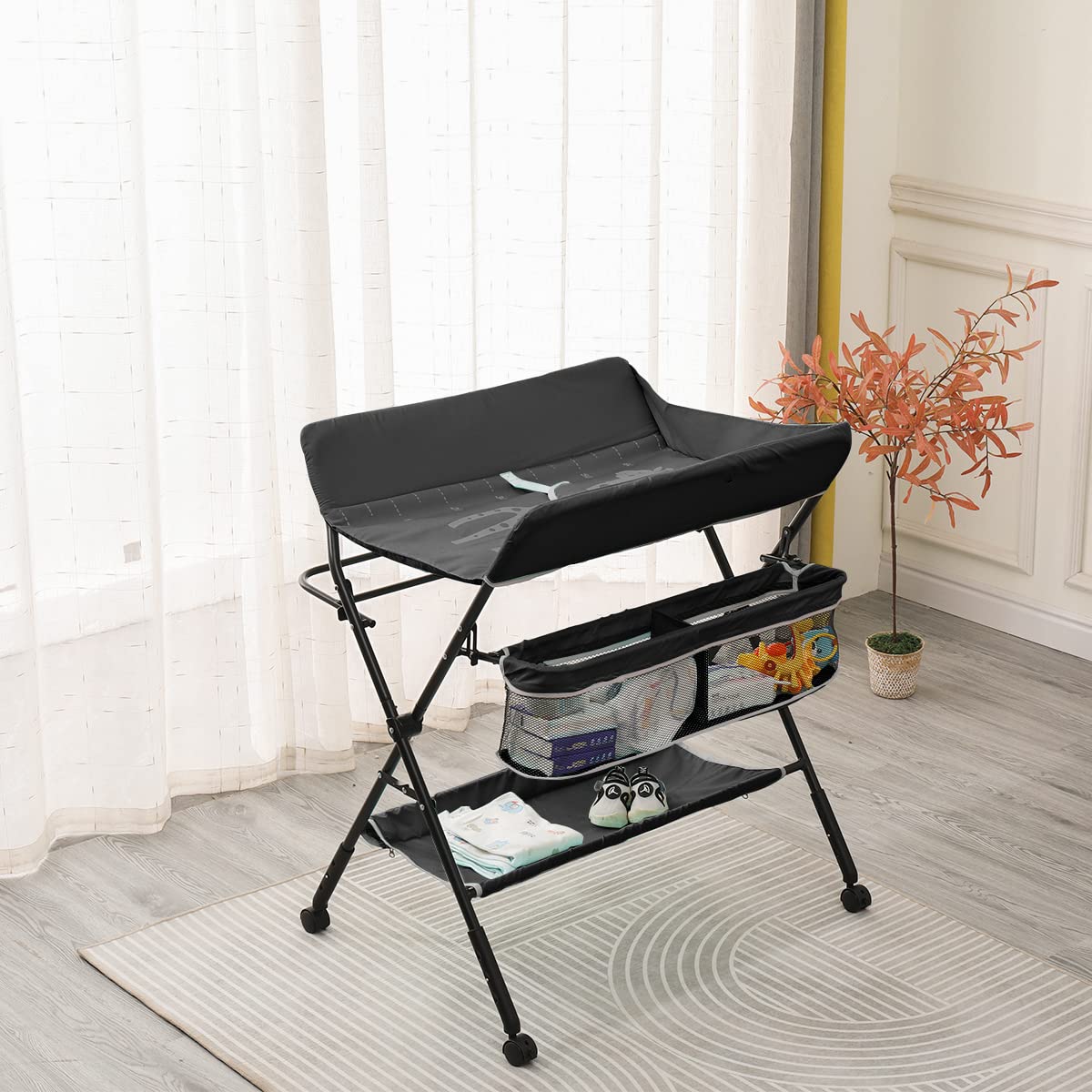 Portable Folding Baby Changing Table with Wheels, Black