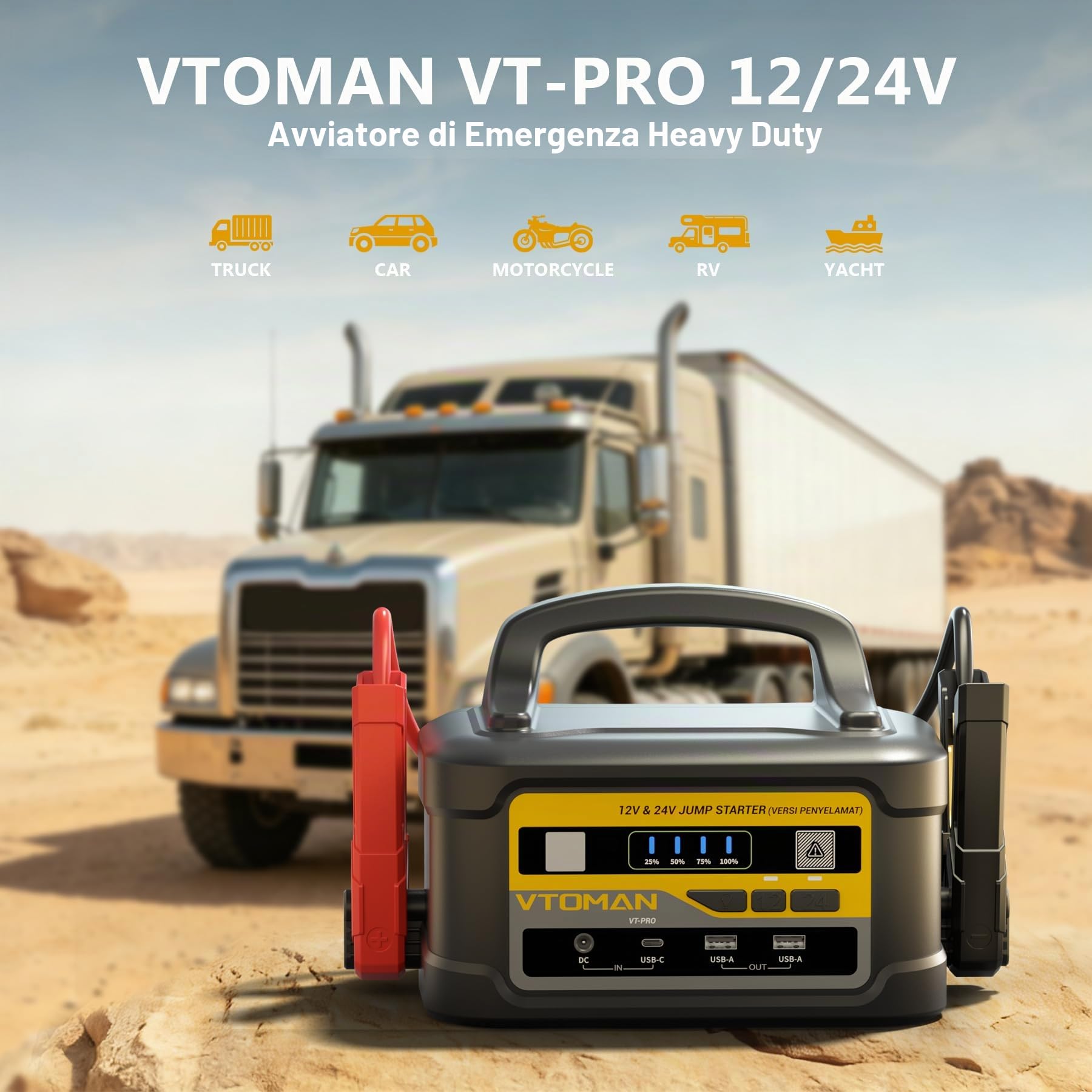 VTOMAN VT-PRO 10000A Power Bank 12V/24V – Batteria Portatile 58800mAh per Auto con Ricarica Rapida 145W, Avviatore per Camion, Camper e Yacht (Compatible con Tutti i Motori a Benzina e Diesel)