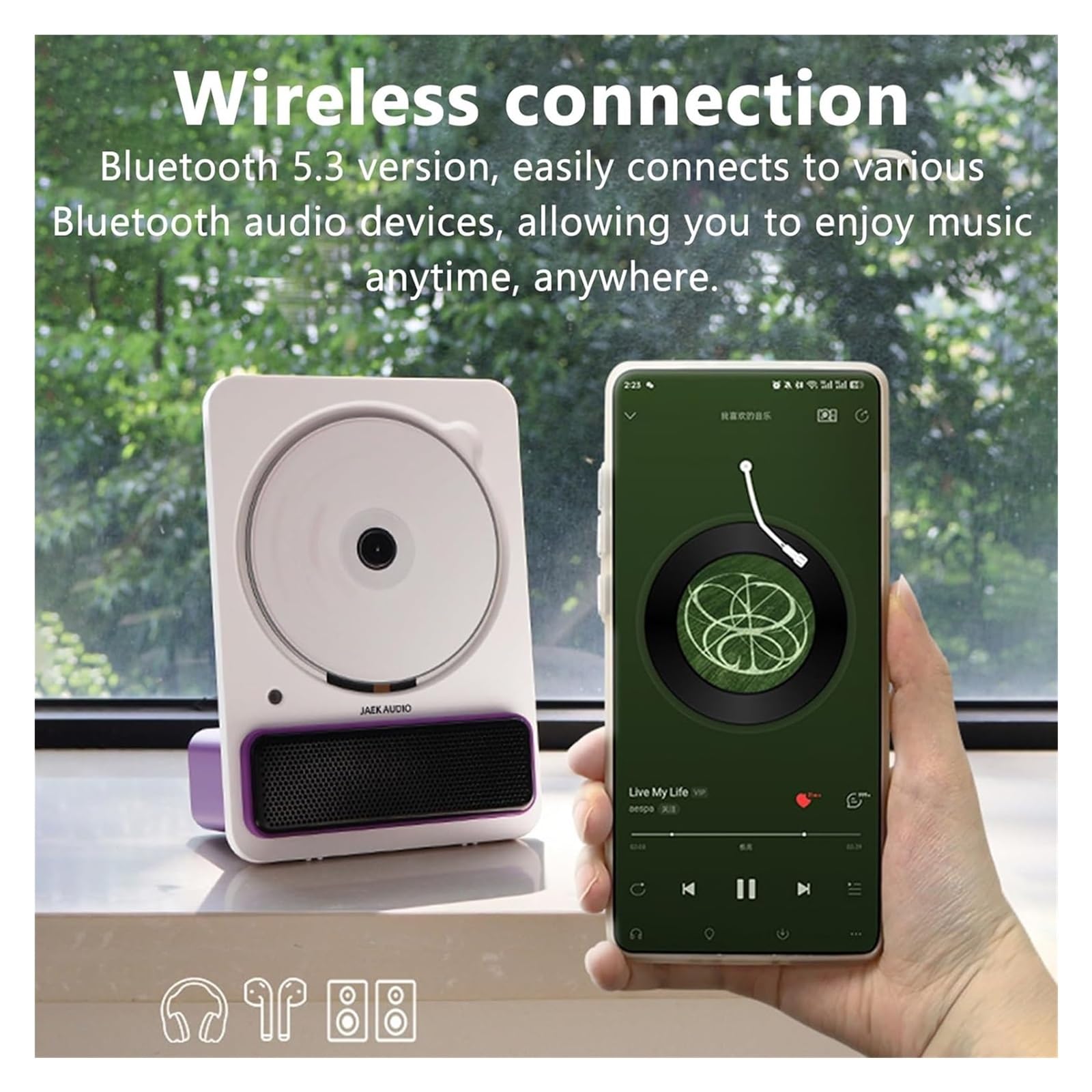 Reproductor de CD portátil con Bluetooth, sonido de alta fidelidad, diseño acústico con inclinación de 9°, reproduce CD/CD-R/CD-RW/MP3/WMA, for el hogar y la oficina.(Purple)