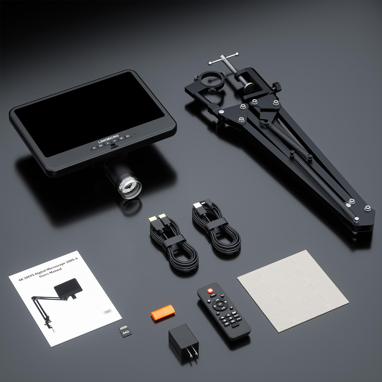 Microscopio digitale 4K 30FPS HDMI 10.1 '' con schermo per riparazione elettronica, LM208S-A 4K fotocamera microscopio saldatura 1500X con supporto braccio flessibile, monete Full View