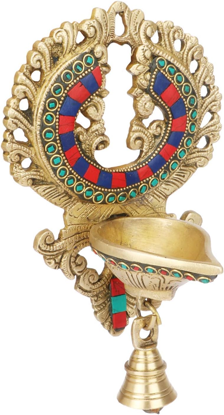 Kartique Brass Wall Hanging Diya with Bell for Home Office Decor Deepak Decorative Deepam Showpiece Gifts