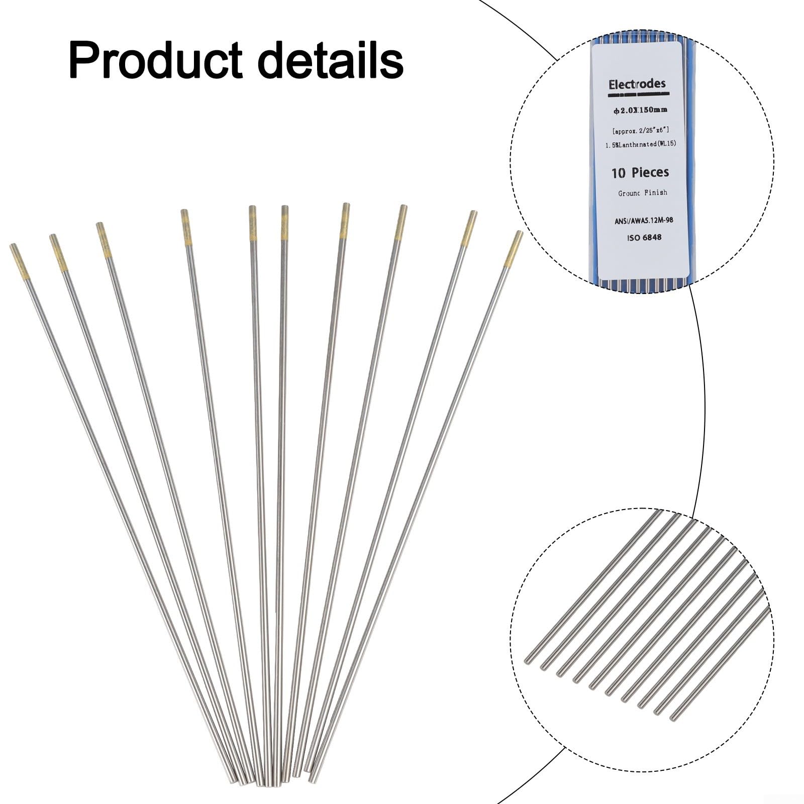10 elettrodi WL15 Lanthan TIG, 1,6 mm x 150 mm, per leghe di acciaio al carbonio, in scatola di plastica (2,0 mm x 150 mm)