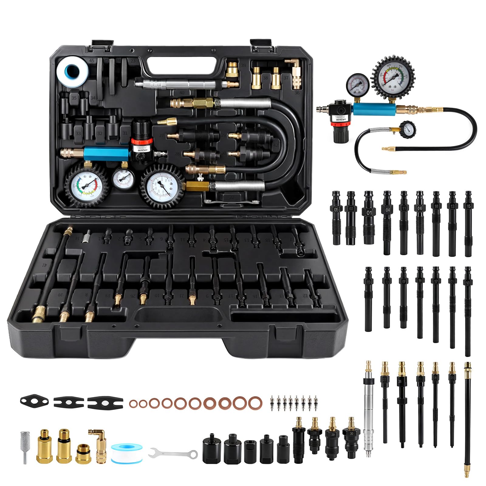 CPROSP 46 Piezas Tester de Compresión y Pérdida de Presión (0-50 Bar / 0-7 Bar), Comprobador de Compresión para Motor de Gasolina/Diésel, Compatible HDI, TDCi, para Coches, Camiones, Autobuses, Motos