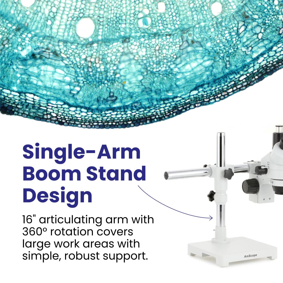 Microscopio trinoculare stereo zoom, 7X-45X, su supporto a braccio singolo.
