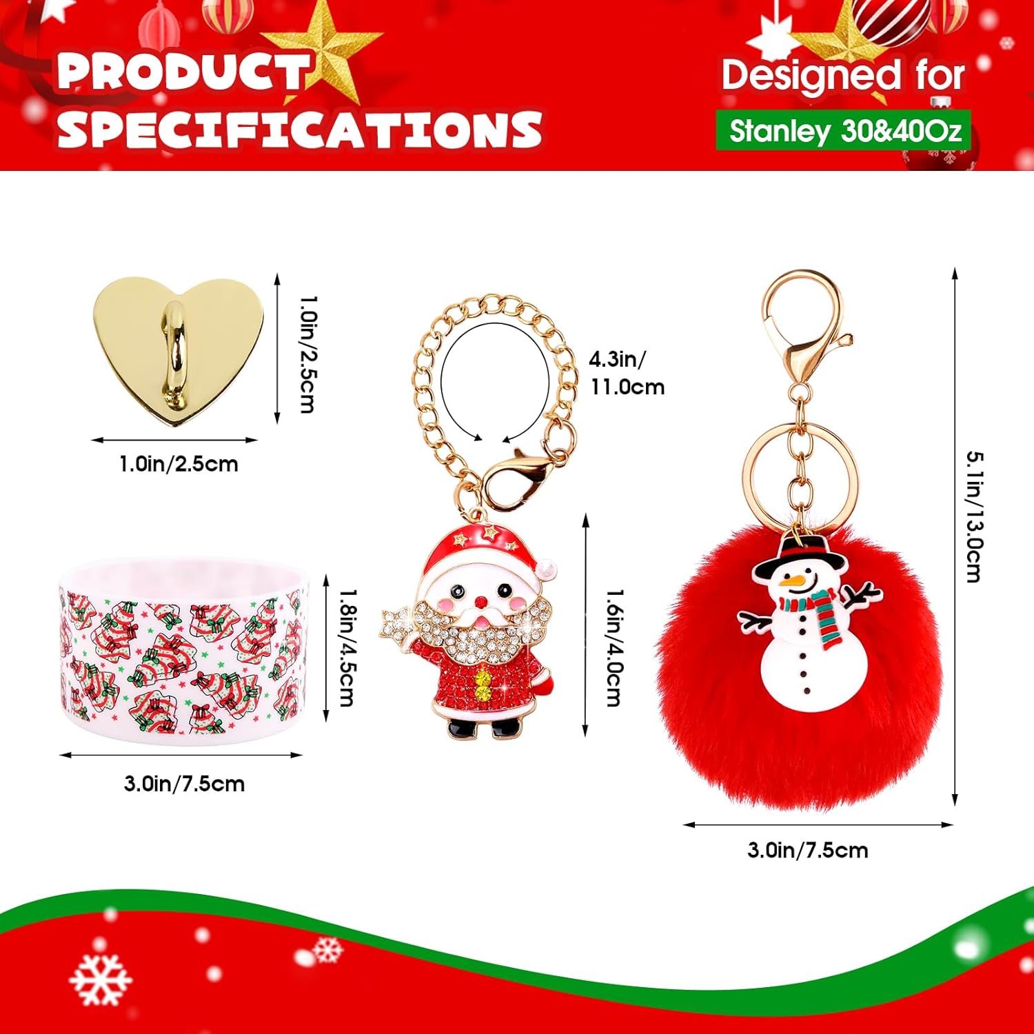 Christmas Accessories Set for 30 & 40 Oz Stanley Cup; Silicone Tree Boot, Straw Covers, Pom-Pom & Santa Charms, Water Bottle Handles, Christmas Gifts - Image 3