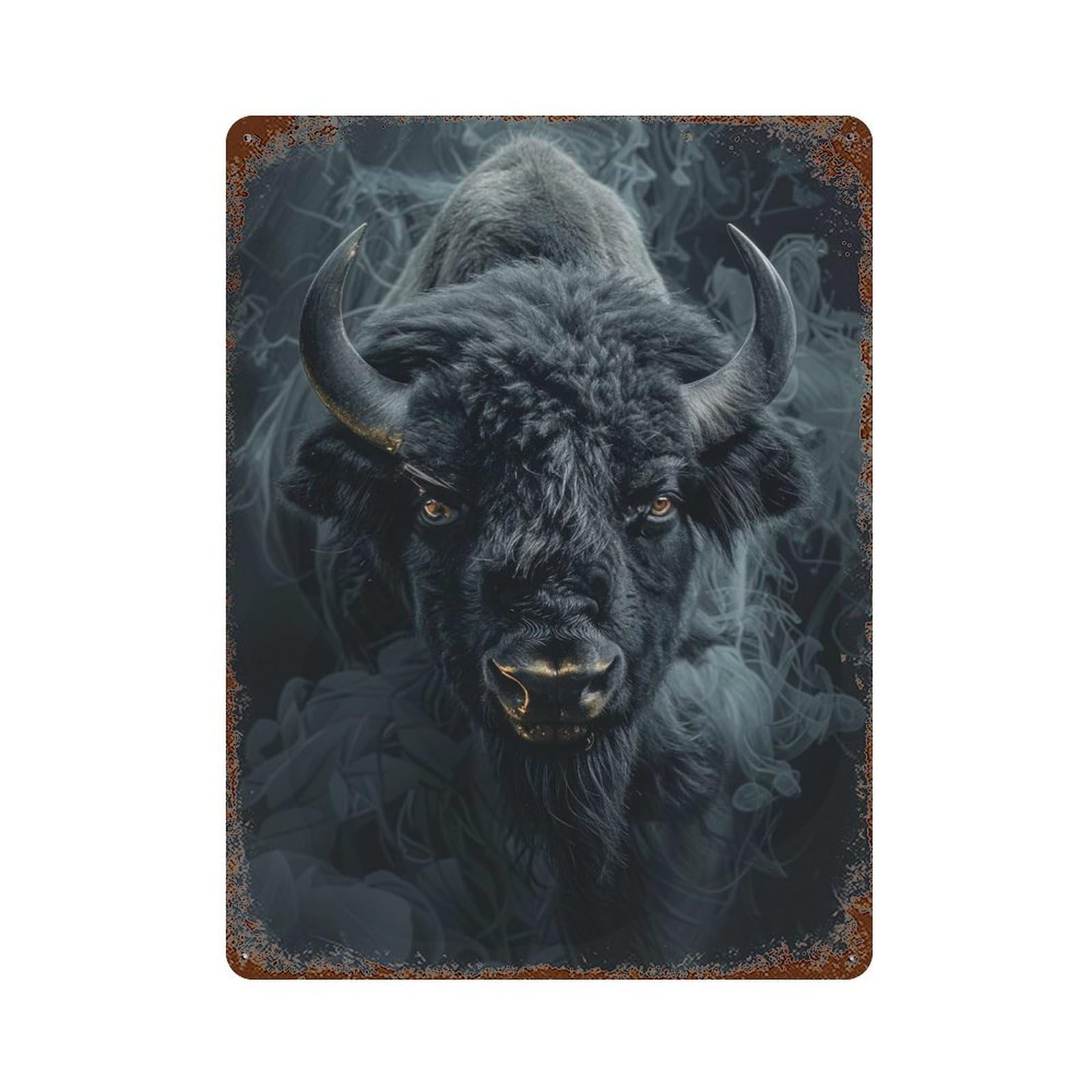 Rust Effect Bison in Black Smoke Weathered Tin Sign 15.7"x11.8", Novelty Wall Decor for Office, Studio And Wall Decor