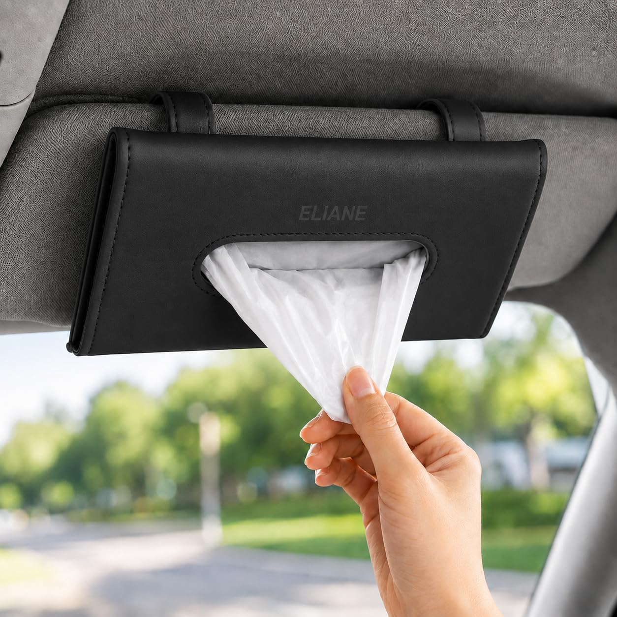 Eliane Car Tissue Holder Sun Visor Napkin for Upgraded Version Hanging Premium PU Leather Universal Auto Easy Use Mask Dispenser Box with Refill (Black, 1 Pcs)-image-2